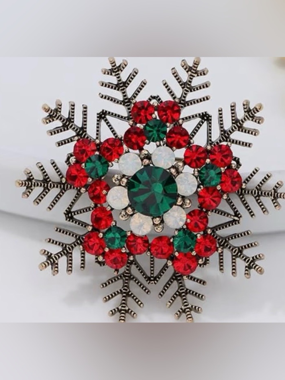 Festive Snowflake Crystal Brooch - Green, Red & White
